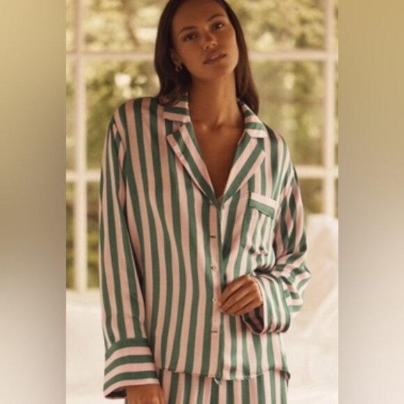 Anthropologie LyreBird Silky Oversized PJ Striped Green Pajama Set XS - Picture 3 of 6